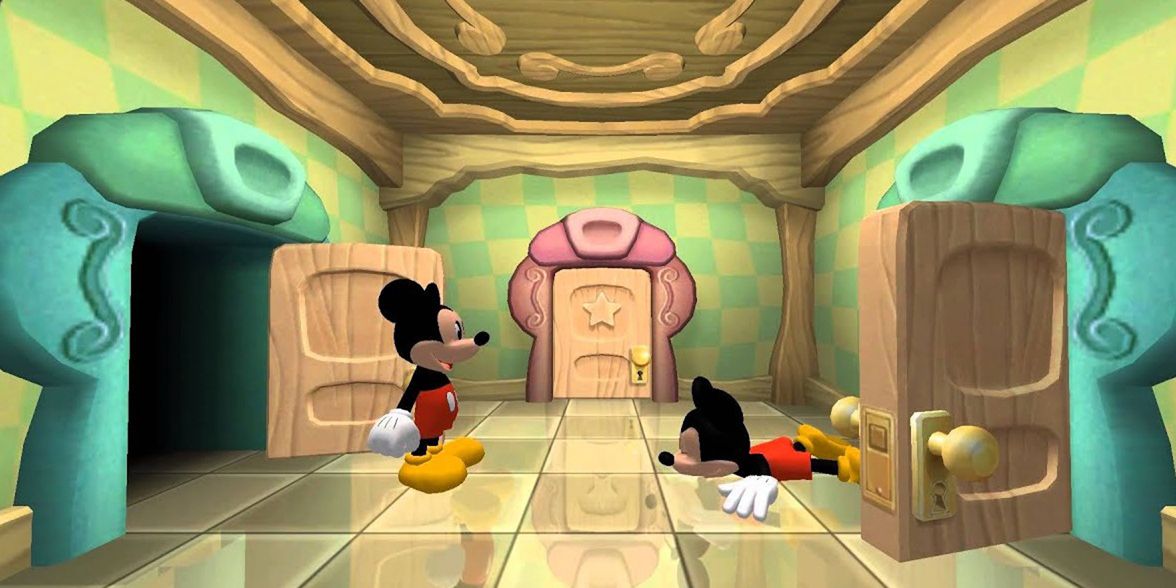 Mickey laughs at his double in Disney's Magic Mirror 